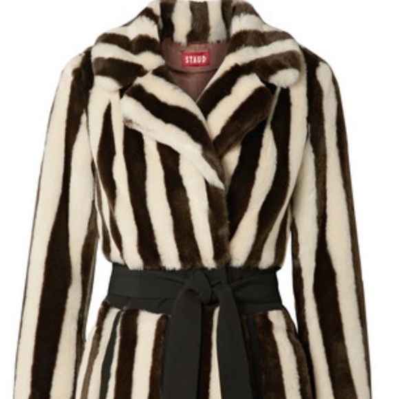 Bungalow Belted Striped Faux Fur Coat 